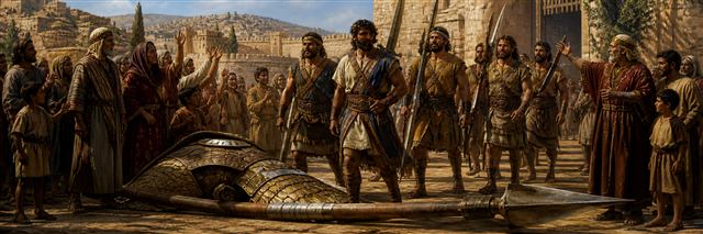 David’s seasoned warriors returning with oversized Philistine armor and a massive spear